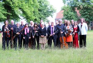 Bild vergr&ouml;&szlig;ern: Auf dem Foto sind die Mitglieder des Symphonischen Orchesters Plön mit Ihren Instrumenten im Freien auf einer Rasenfläche abgebildet.